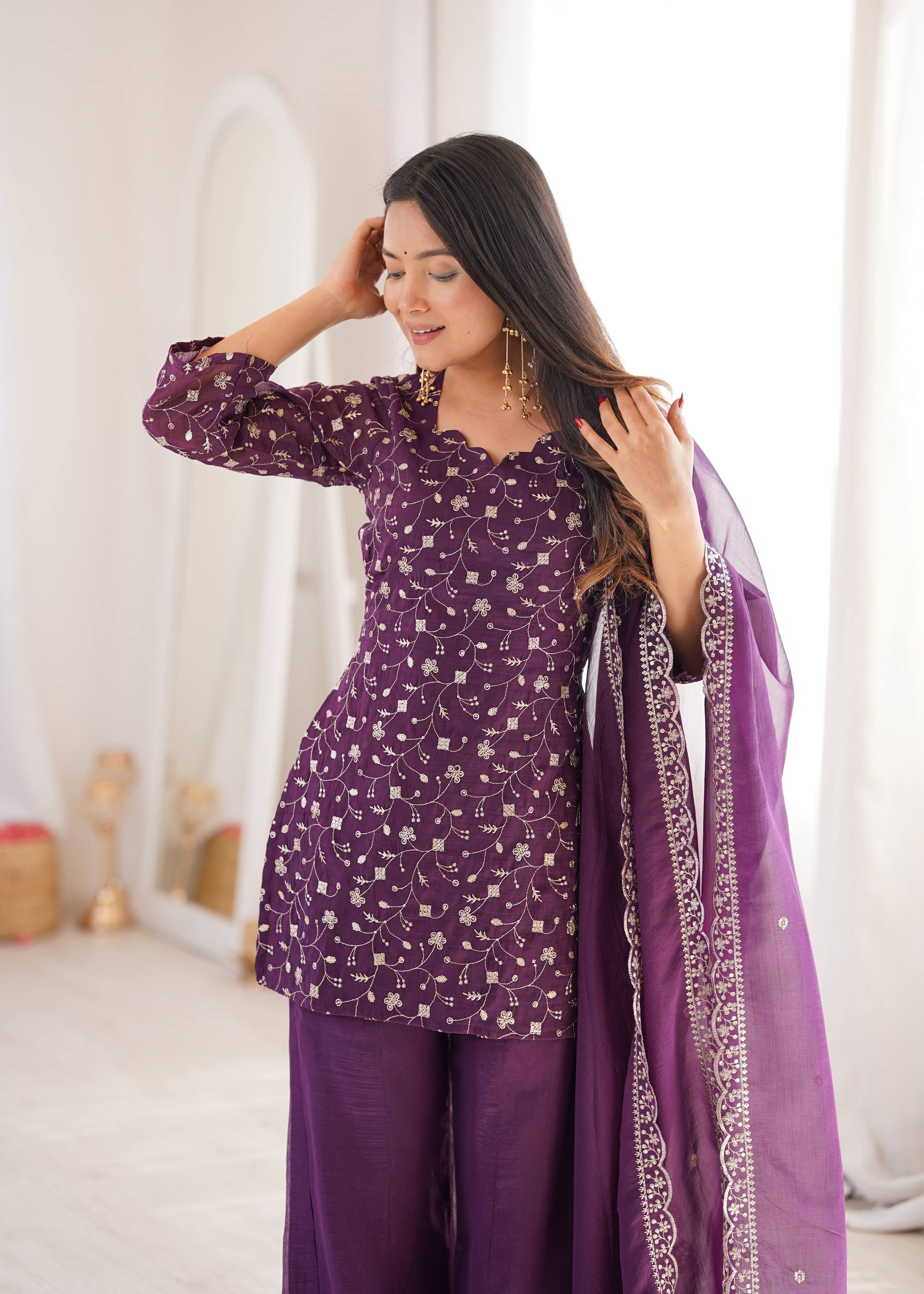 wine purple sharara suit with sequence work and chiffon dupatta