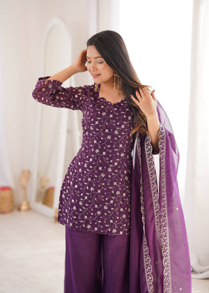 wine purple sharara suit with sequence work and chiffon dupatta