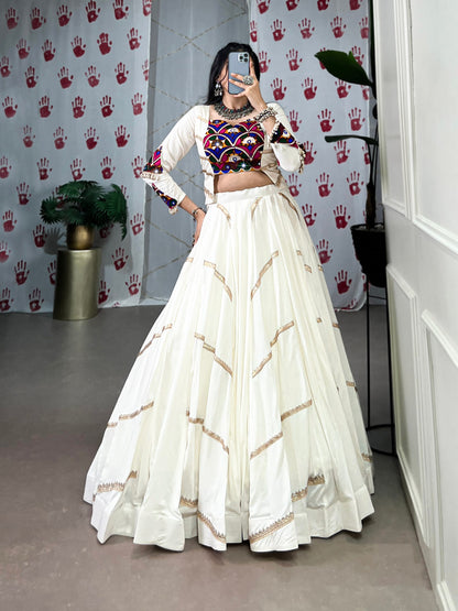 White Pure Rayon Original Mirror Gamthi Work With Sequins Navratri Lehenga Choli