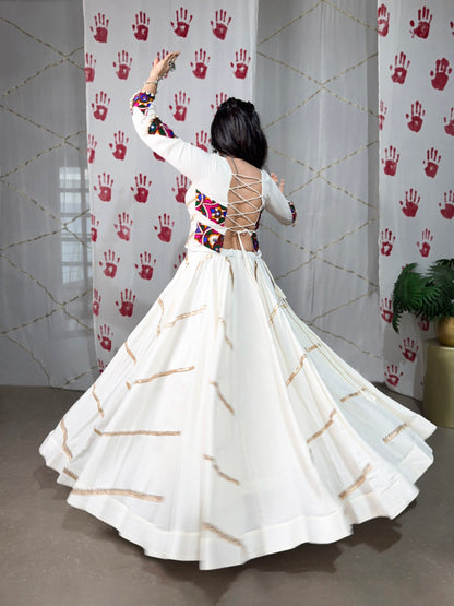 White Pure Rayon Original Mirror Gamthi Work With Sequins Navratri Lehenga Choli