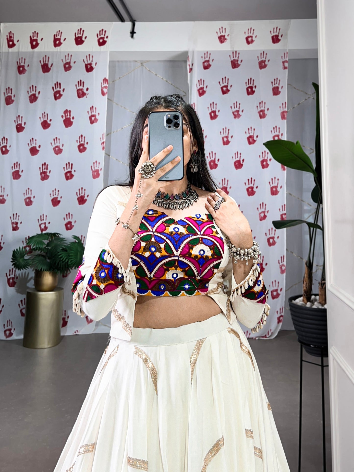 White Pure Rayon Original Mirror Gamthi Work With Sequins Navratri Lehenga Choli