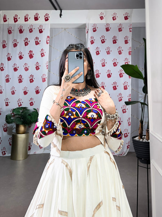 White Pure Rayon Original Mirror Gamthi Work With Sequins Navratri Lehenga Choli