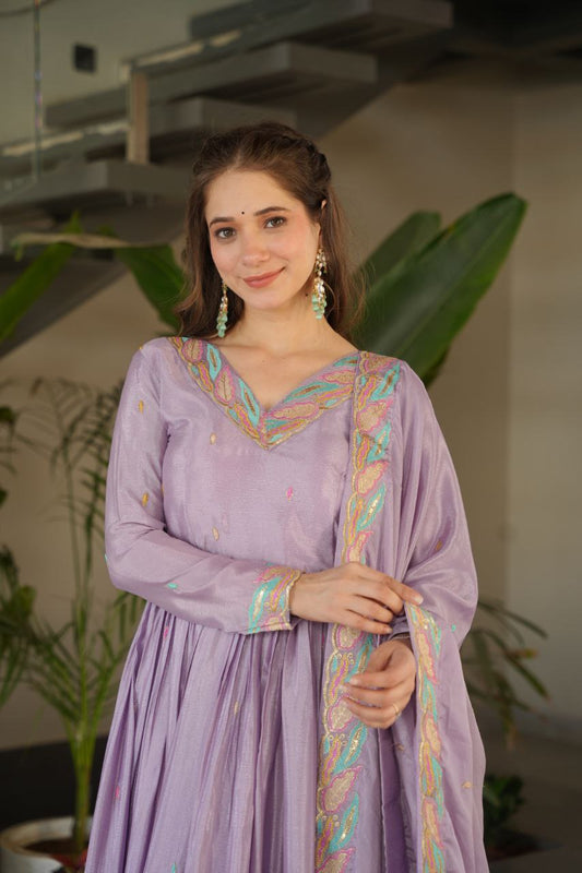 Lavender Chinnon With Rich Sequins Multi Thread Embroidered Work Gown