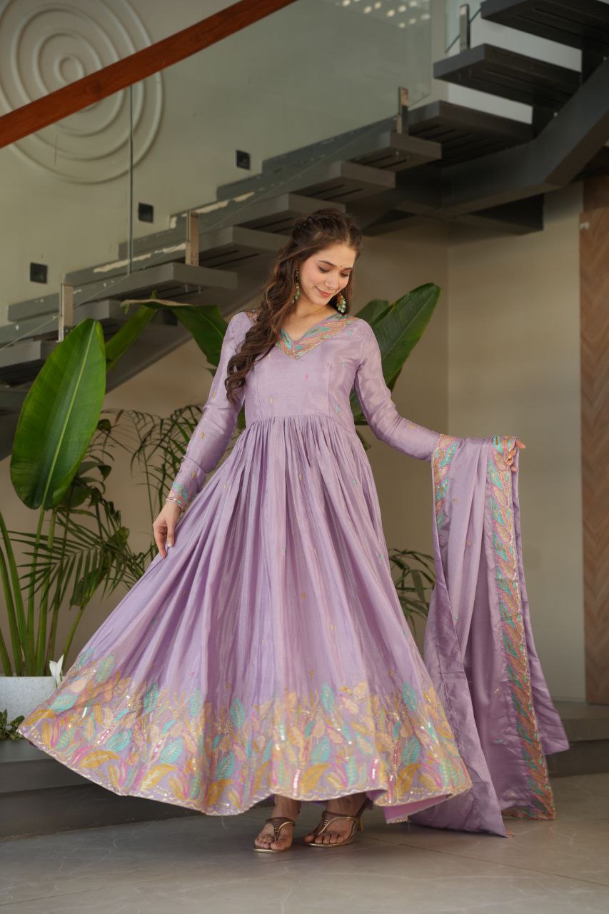 Lavender Chinnon With Rich Sequins Multi Thread Embroidered Work Gown
