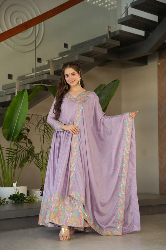 Lavender Chinnon With Rich Sequins Multi Thread Embroidered Work Gown