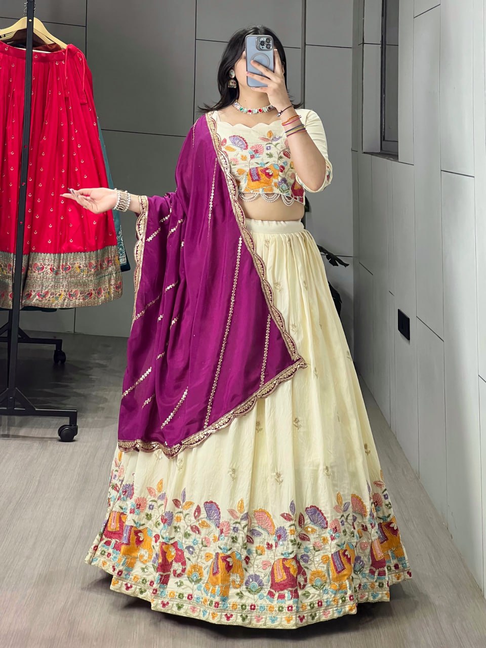 Royal Wine Crush Vichitra Silk Lehenga with Multicoloured Thread and Semi-Beads Embroidery by The Beauty Queen Surat