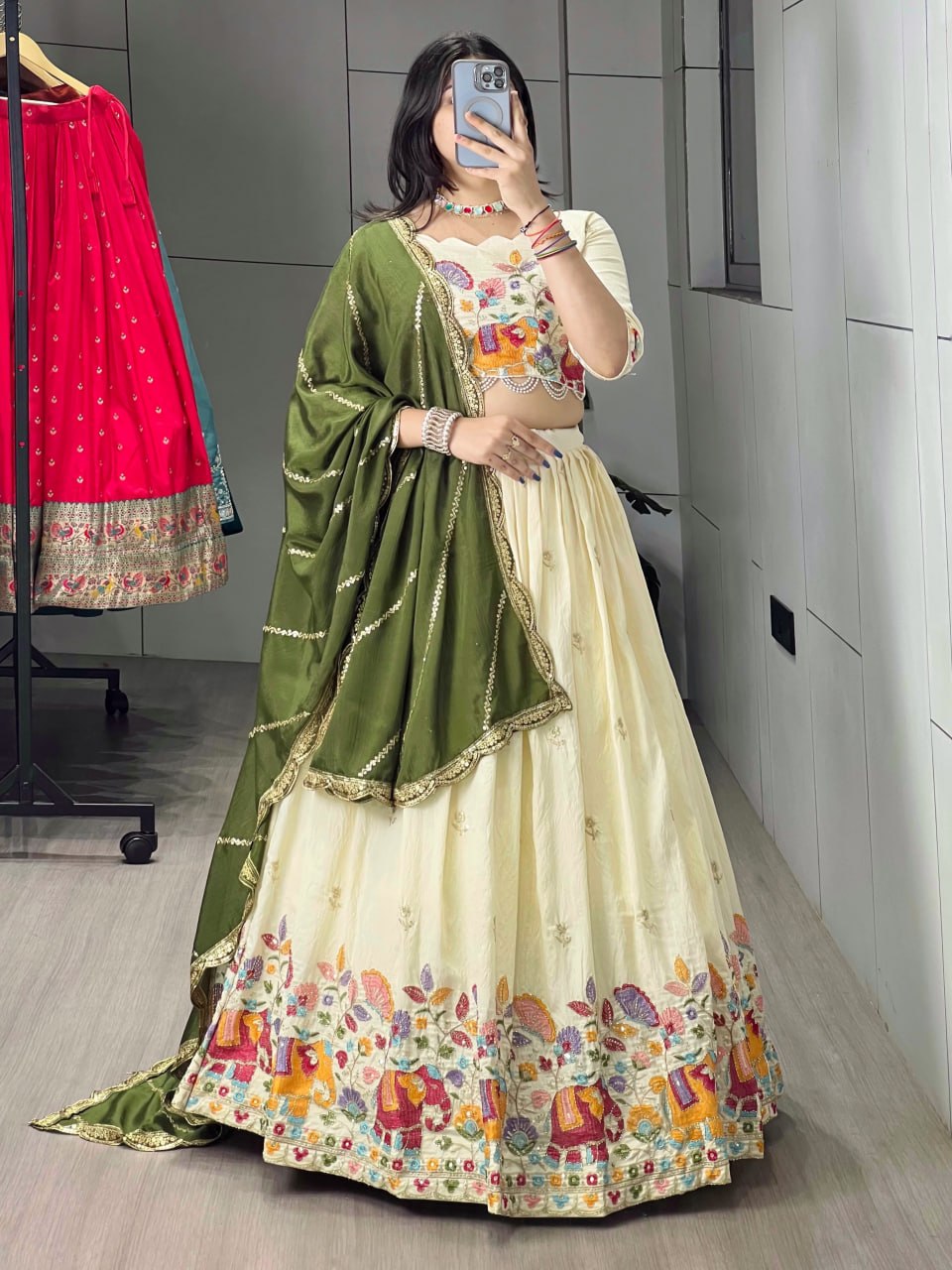 Mehendi Green Crush Vichitra Silk Lehenga with Multicoloured Thread and Semi-Beads Embroidery by The Beauty Queen Surat