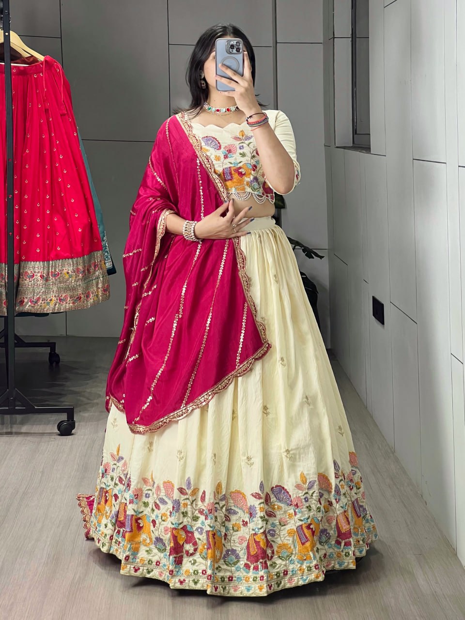 Rani Pink Crush Vichitra Silk Lehenga with Multicoloured Thread and Semi-Beads Embroidery by The Beauty Queen Surat