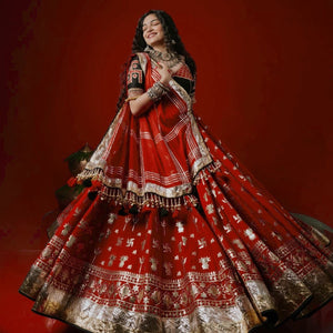 Red heavy French crepe Navratri chaniya choli with gold foil print and lampi lace border
