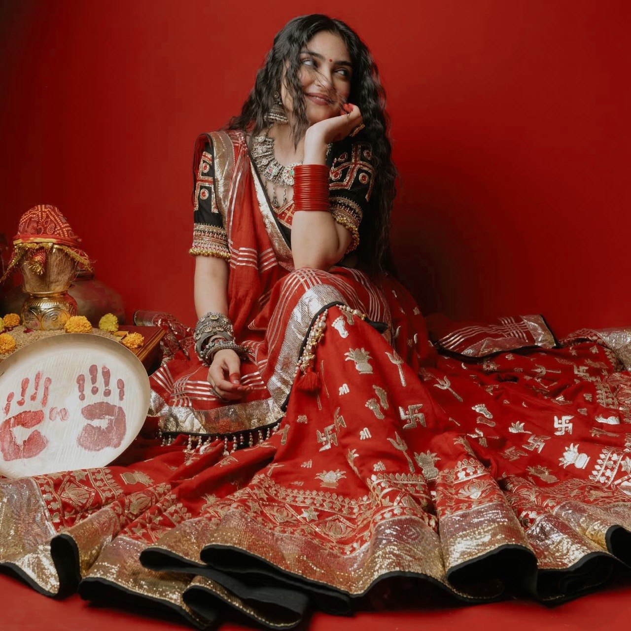 Red gold foil print Navratri chaniya choli ready to wear with pom pom latkans