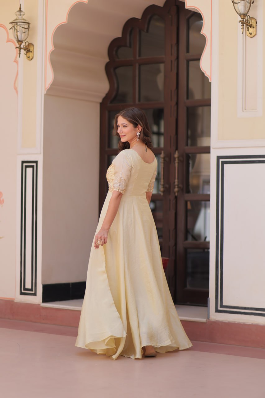 Cream Gold Crush With Beads Embroidered Work Gown