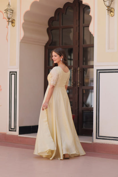Cream Gold Crush With Beads Embroidered Work Gown