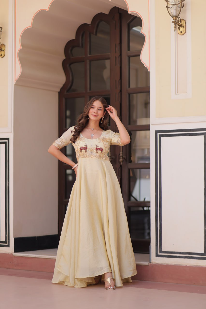 Cream Gold Crush With Beads Embroidered Work Gown