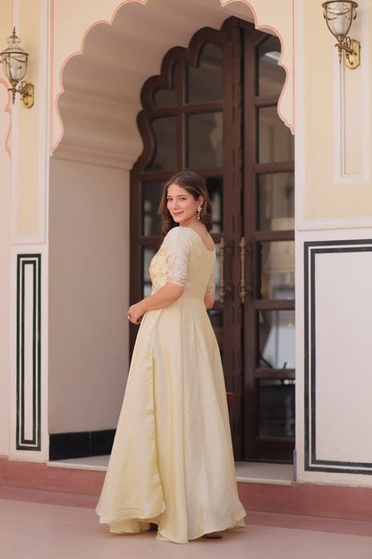 Cream Gold Crush With Beads Embroidered Work Gown