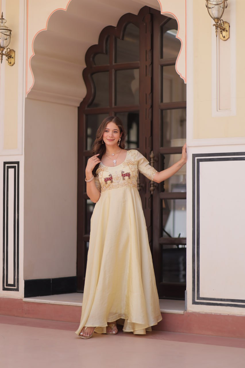 Cream Gold Crush With Beads Embroidered Work Gown