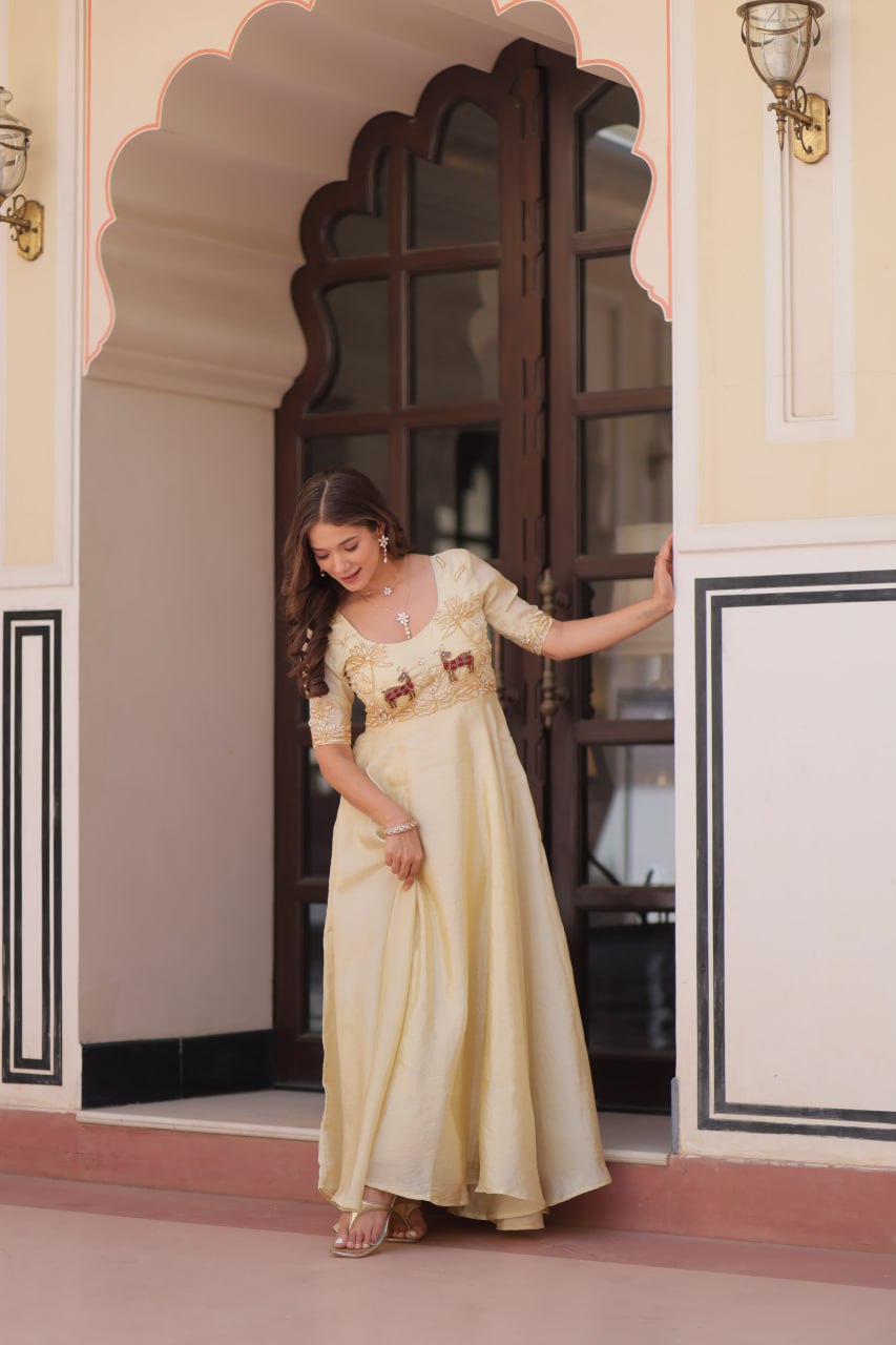 Cream Gold Crush With Beads Embroidered Work Gown