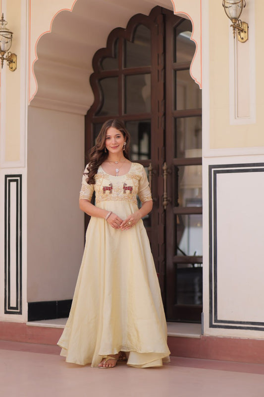 Cream Gold Crush With Beads Embroidered Work Gown
