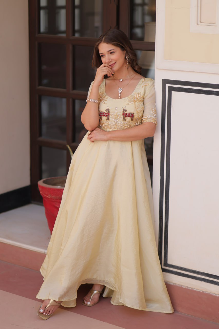 Cream Gold Crush With Beads Embroidered Work Gown