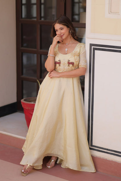 Cream Gold Crush With Beads Embroidered Work Gown