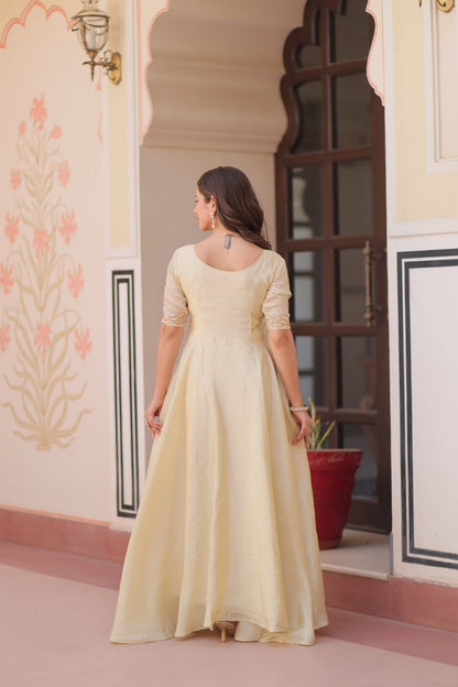 Cream Gold Crush With Beads Embroidered Work Gown