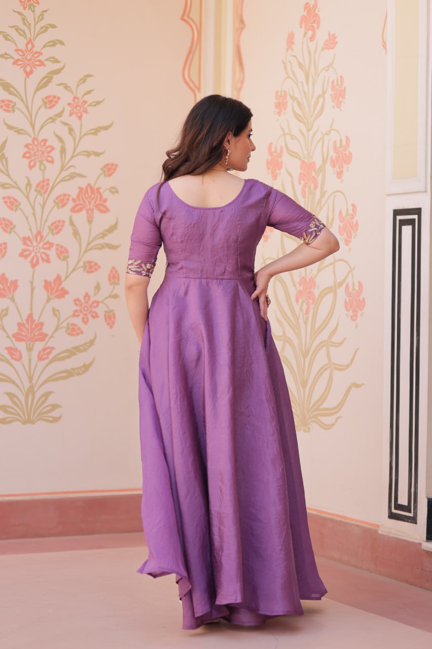 Lilac  Gold Crush With Beads Embroidered Work Gown