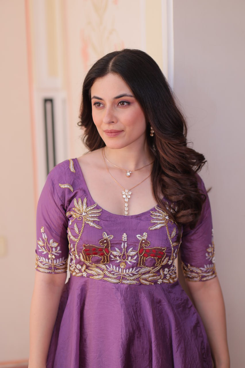 Lilac  Gold Crush With Beads Embroidered Work Gown