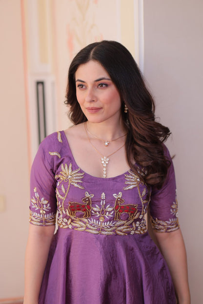 Lilac  Gold Crush With Beads Embroidered Work Gown