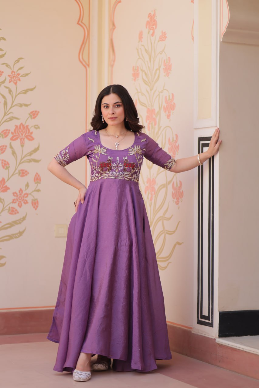 Lilac  Gold Crush With Beads Embroidered Work Gown
