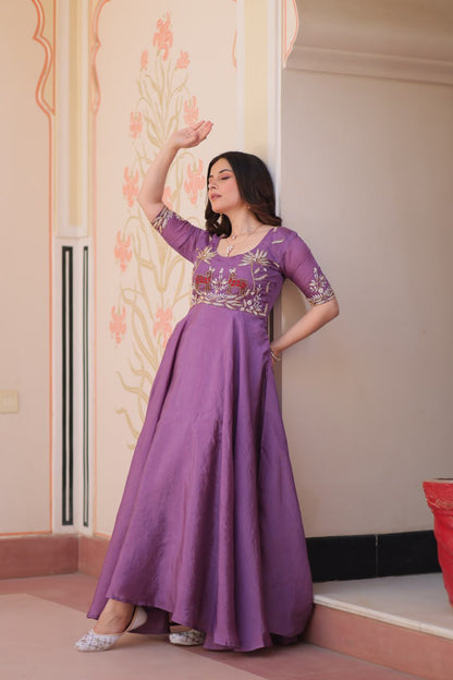 Lilac  Gold Crush With Beads Embroidered Work Gown