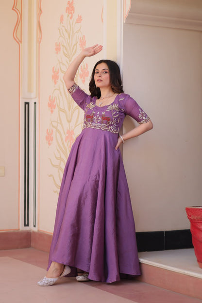 Lilac  Gold Crush With Beads Embroidered Work Gown
