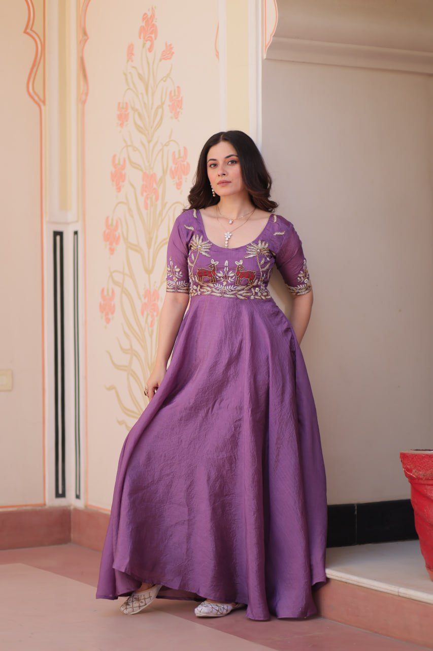 Lilac  Gold Crush With Beads Embroidered Work Gown