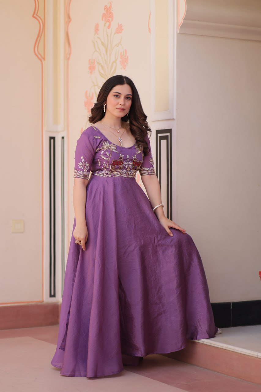 Lilac  Gold Crush With Beads Embroidered Work Gown