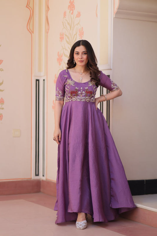Lilac  Gold Crush With Beads Embroidered Work Gown