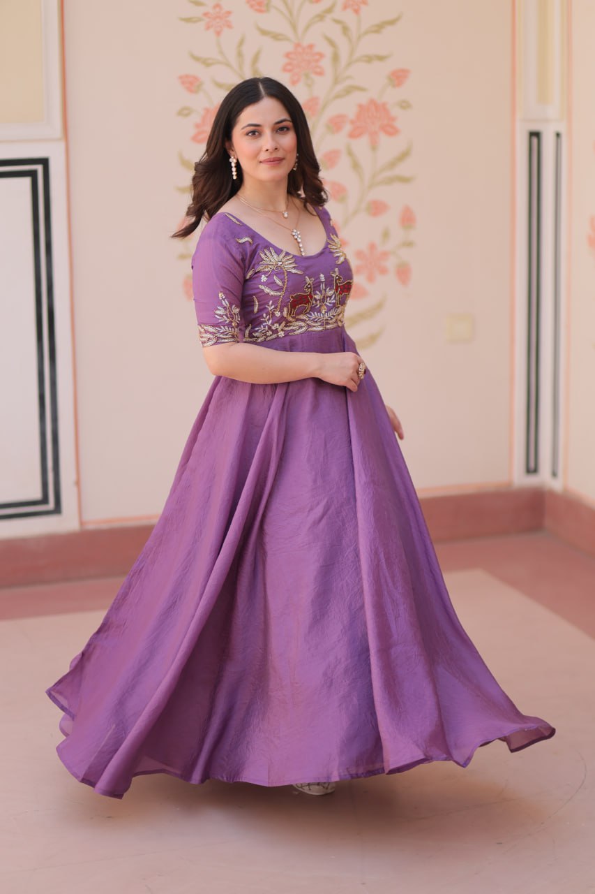 Lilac  Gold Crush With Beads Embroidered Work Gown