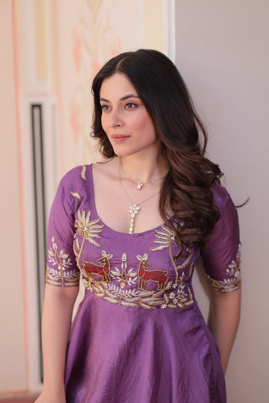 Lilac  Gold Crush With Beads Embroidered Work Gown