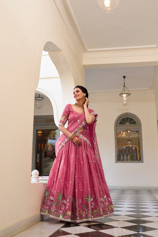 Pink Gold Crush Sequins And Thread Embroidery Work Lehenga Choli