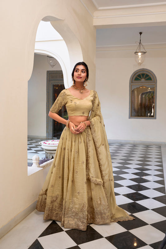 Off White Gold Crush Sequins And Thread Embroidery Work Lehenga Choli