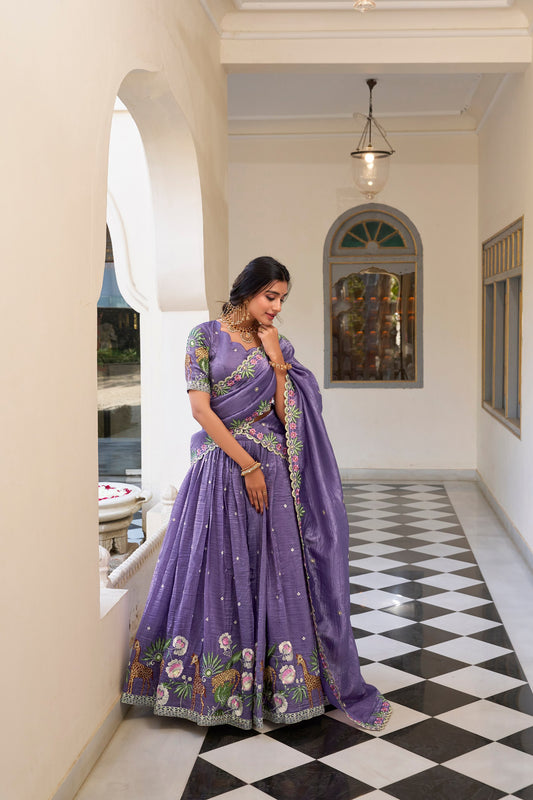 Lavender Gold Crush Sequins And Thread Embroidery Work Lehenga Choli