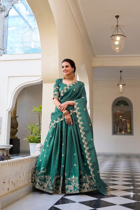 Teal Gold Crush Sequins And Thread Embroidery Work Lehenga Choli