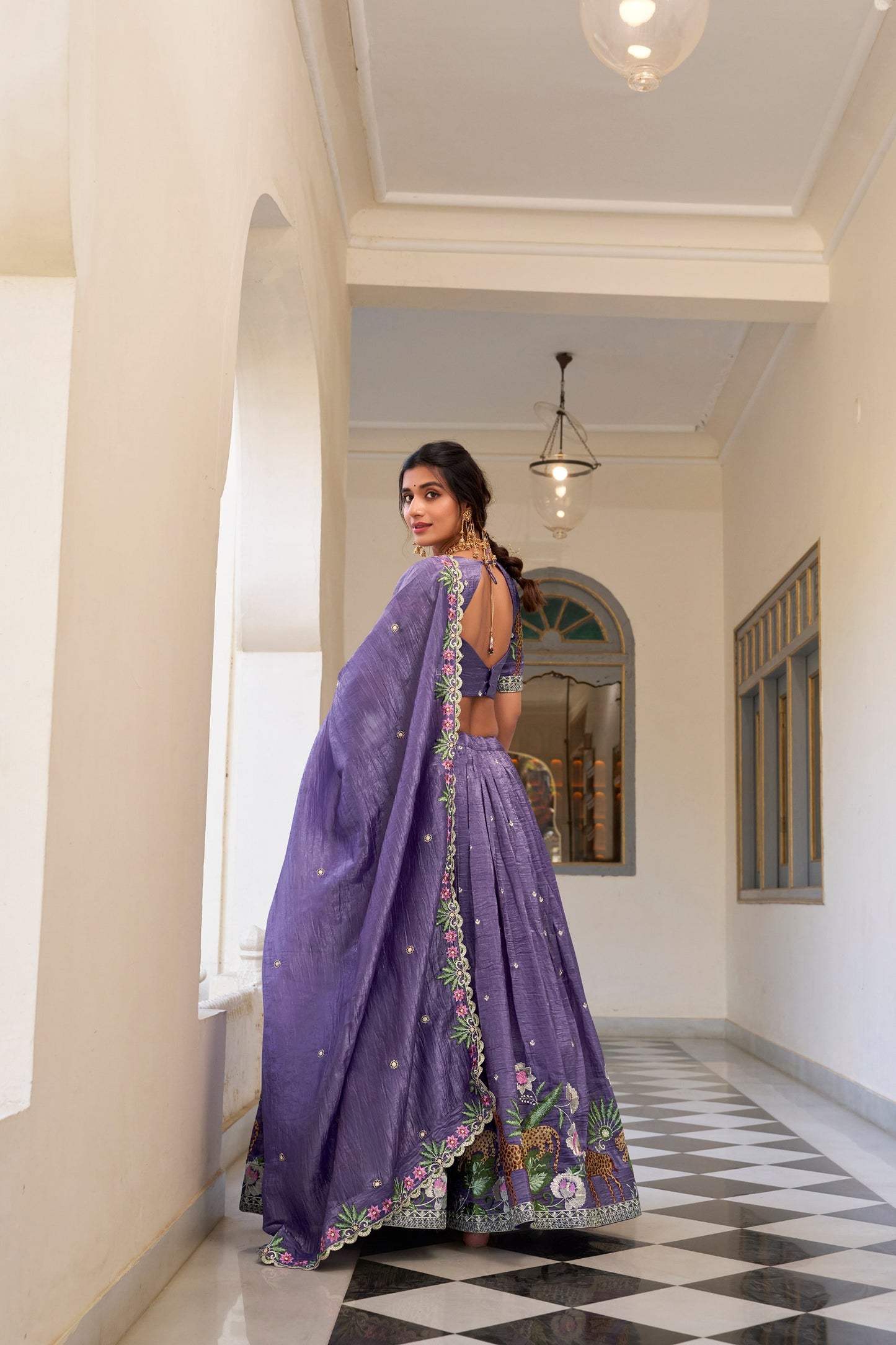 Lavender Gold Crush Sequins And Thread Embroidery Work Lehenga Choli