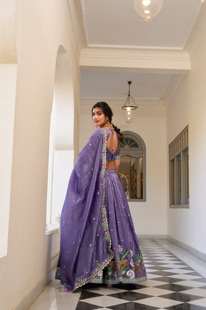 Lavender Gold Crush Sequins And Thread Embroidery Work Lehenga Choli
