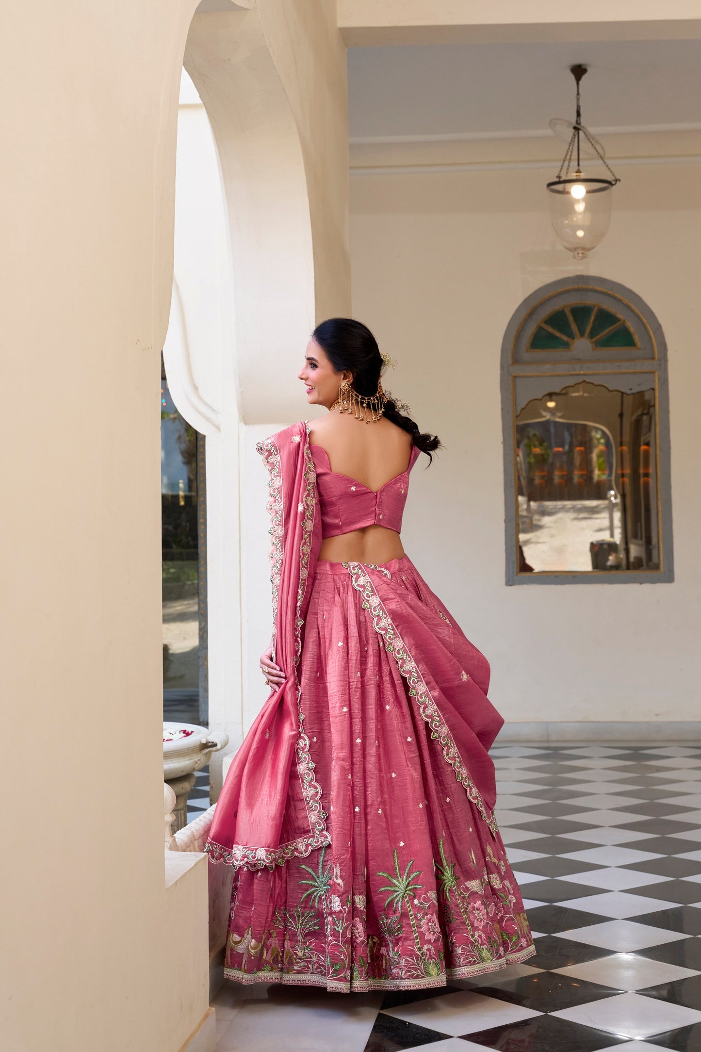 Pink Gold Crush Sequins And Thread Embroidery Work Lehenga Choli
