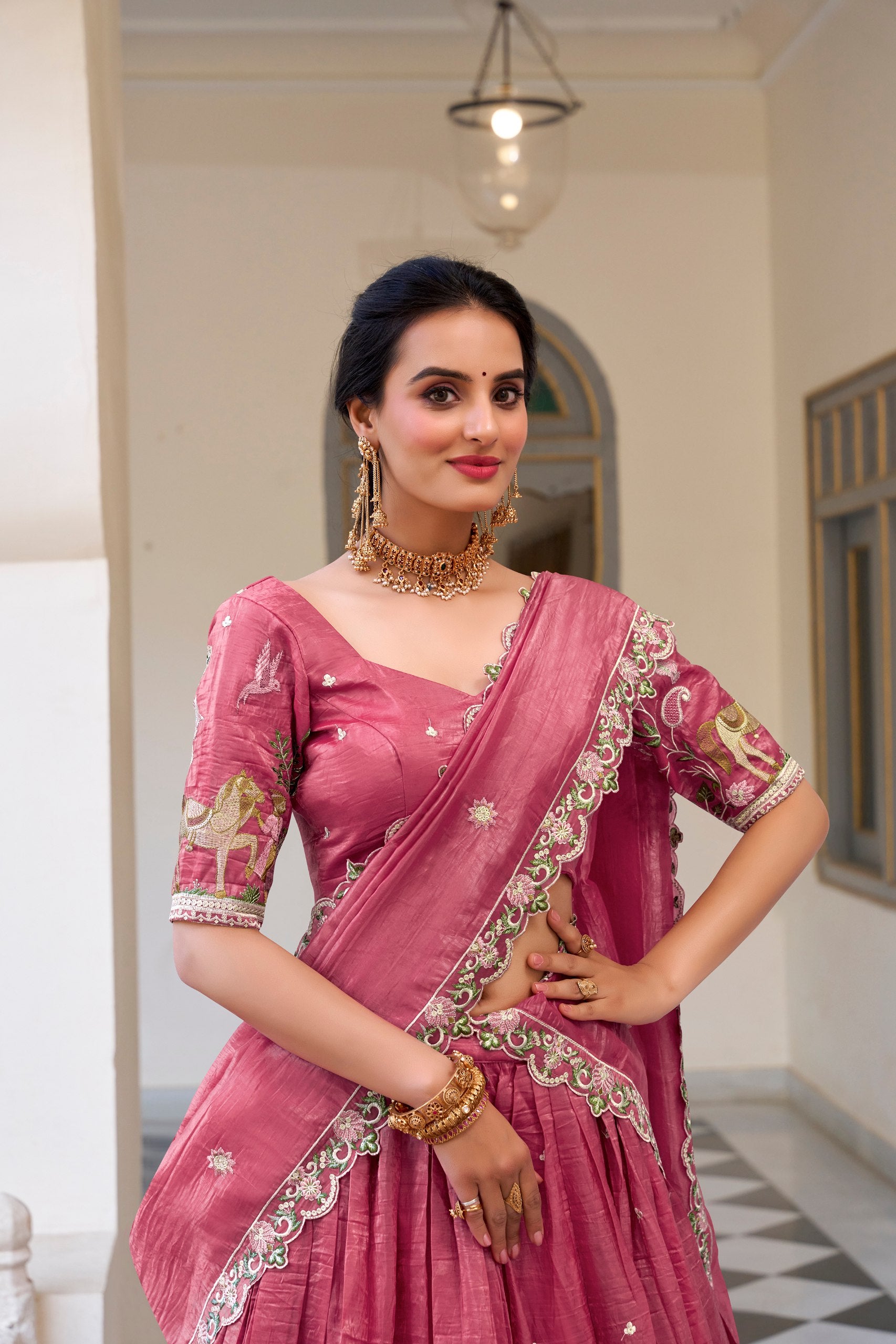 Pink Gold Crush Sequins And Thread Embroidery Work Lehenga Choli