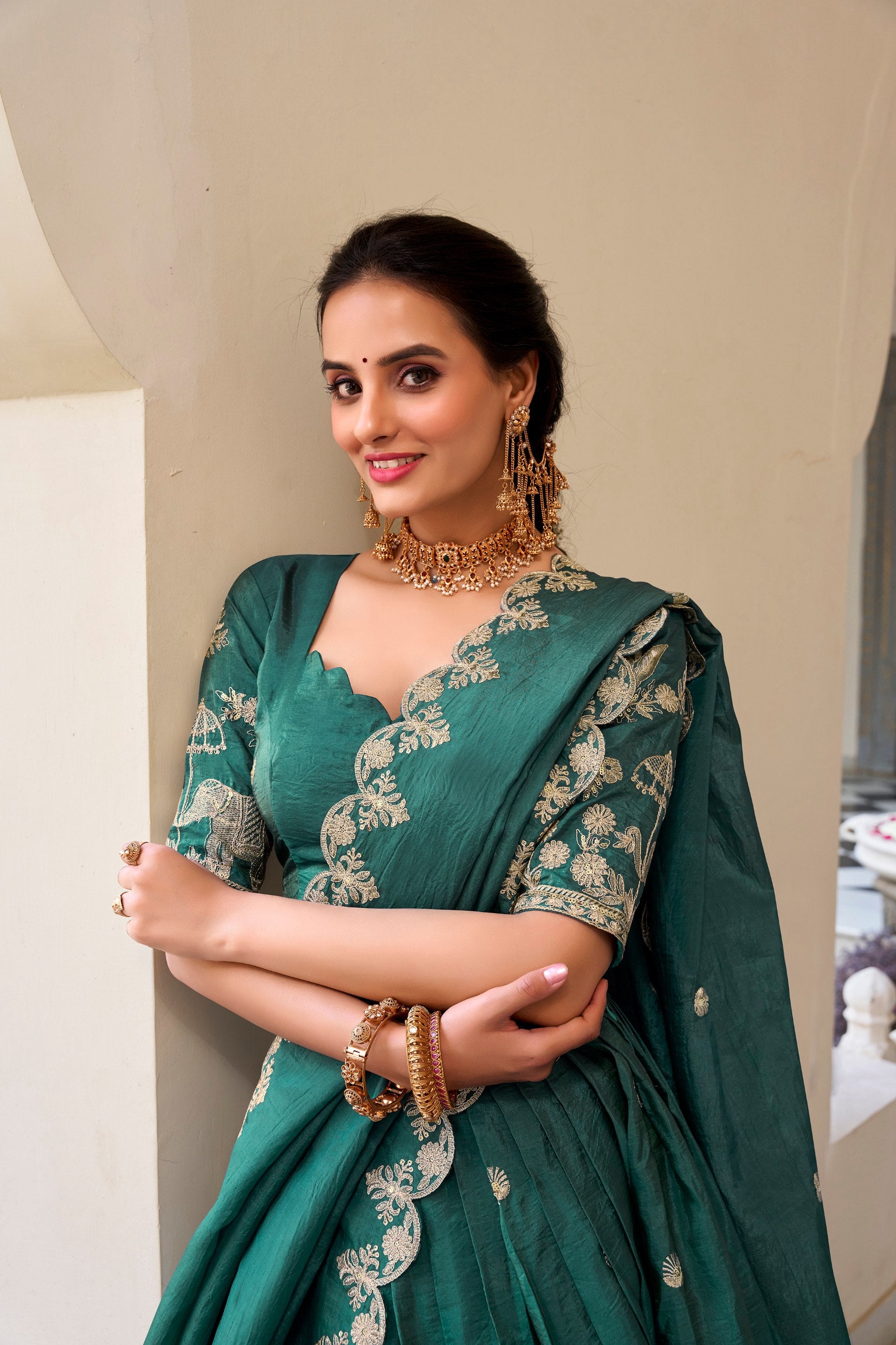 Teal Gold Crush Sequins And Thread Embroidery Work Lehenga Choli