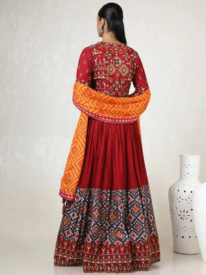 Navratri lehenga maroon muslin cotton with patola style digital print border ready to wear
