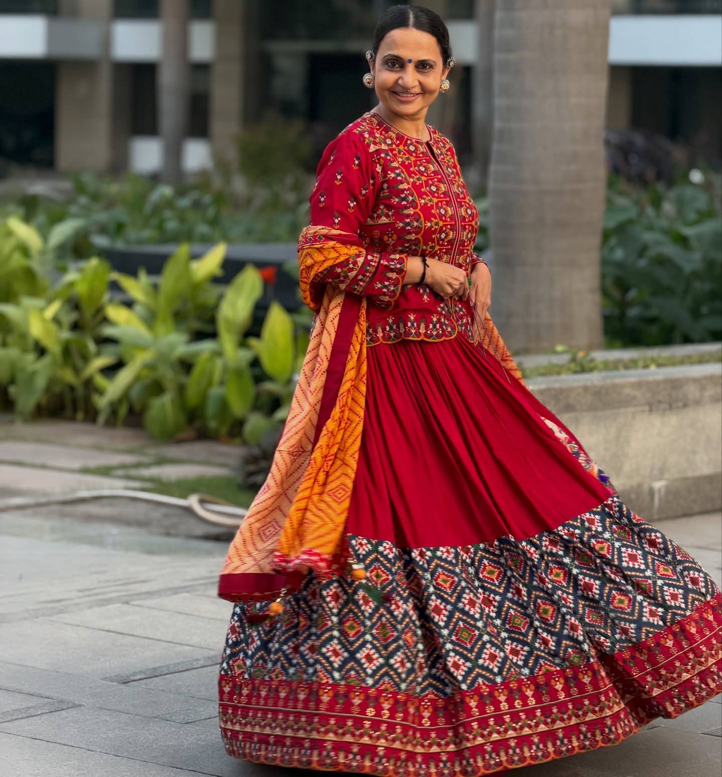 Maroon patola print Navratri lehenga choli with bandhani dupatta and mirror work