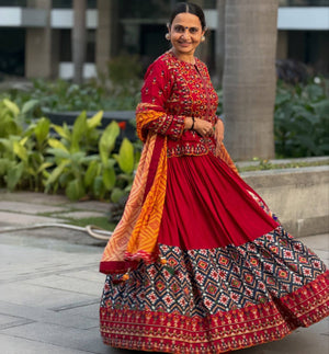 Maroon patola print Navratri lehenga choli with bandhani dupatta and mirror work
