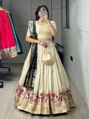 Royal Green Paithani Silk Lehenga with Floral Zari Weaving and Colored Border by The Beauty Queen Surat