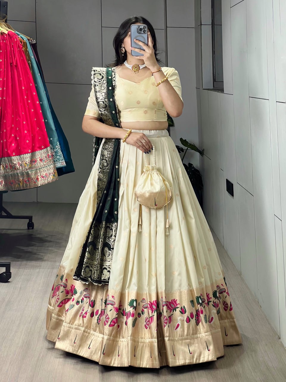 Royal Green Paithani Silk Lehenga with Floral Zari Weaving and Colored Border by The Beauty Queen Surat