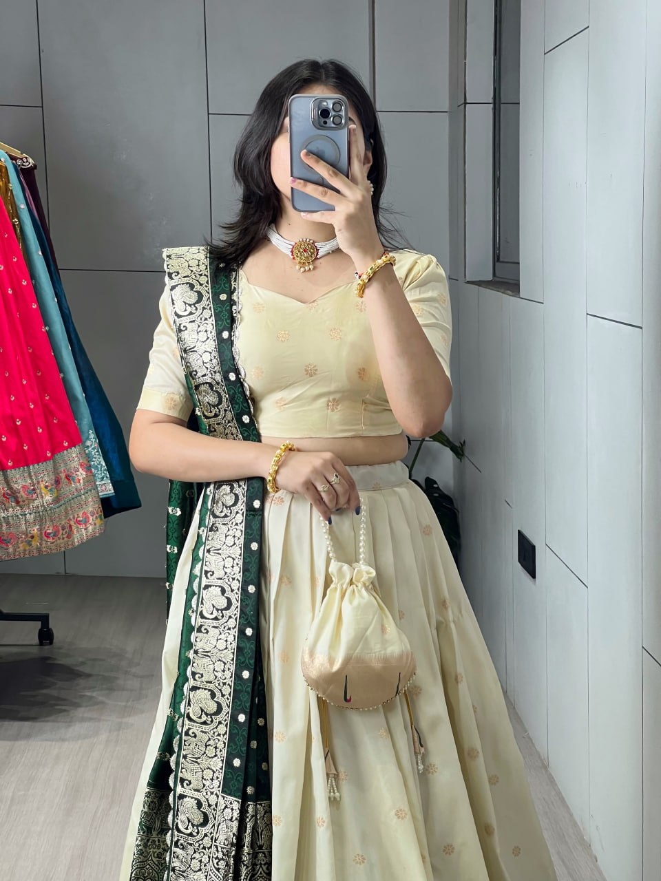 Royal Green Paithani Silk Lehenga with Floral Zari Weaving & Contrast Colored Border